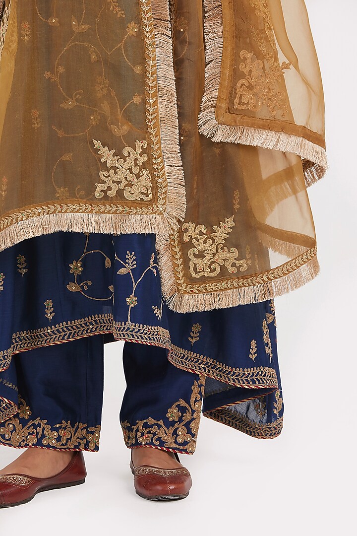 Prussian Blue Silk Chanderi Sequins Embroidered Asymmetric Kurta Set by Kora at Pernia's Pop Up Shop