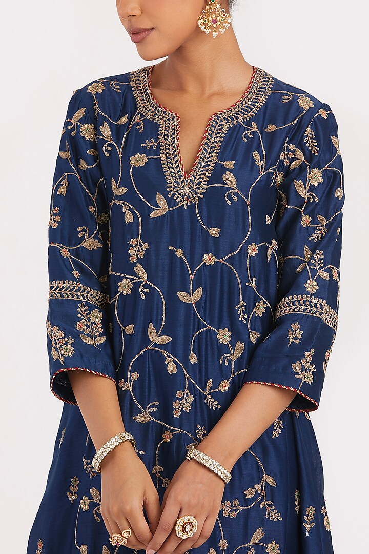 Prussian Blue Silk Chanderi Sequins Embroidered Asymmetric Kurta Set by Kora at Pernia's Pop Up Shop