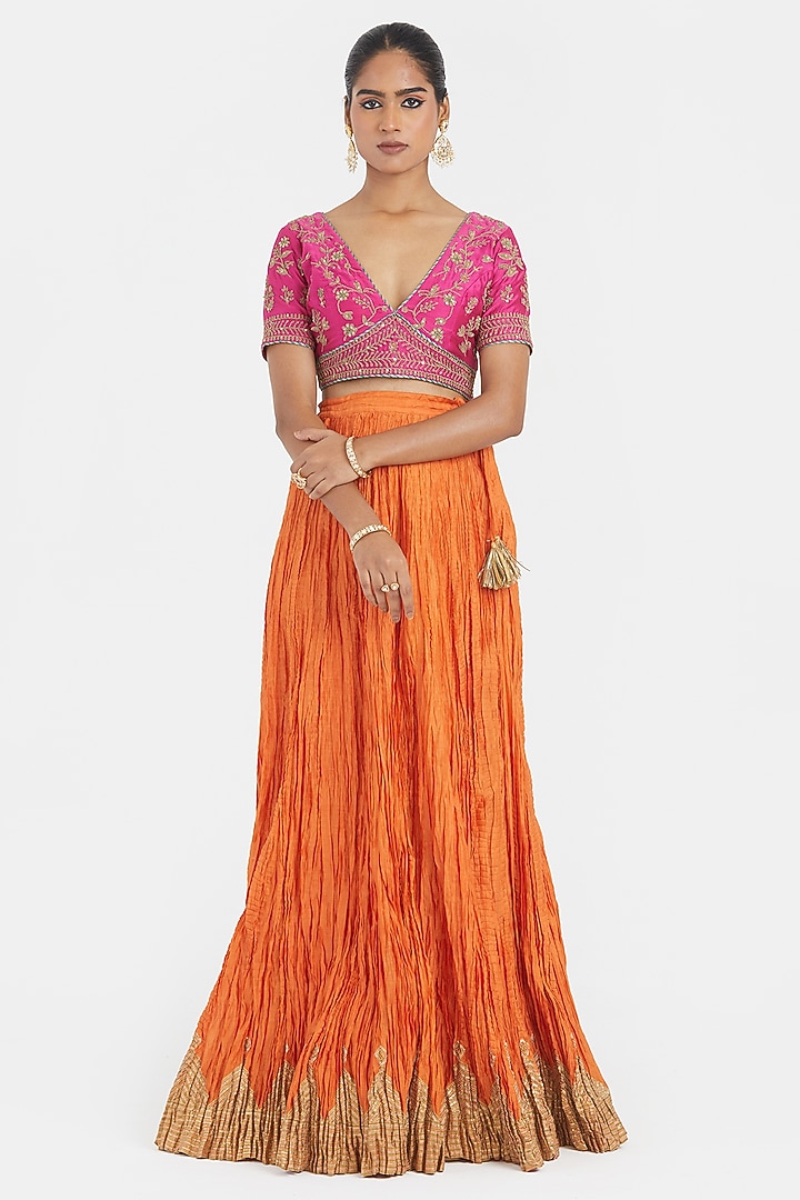 Orange Silk Chanderi Gota Embroidered Wedding Lehenga Set by Kora at Pernia's Pop Up Shop