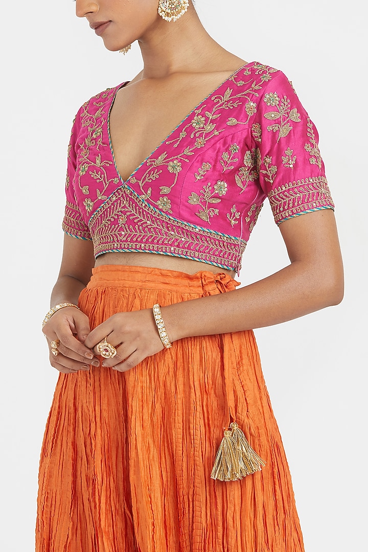 Orange Silk Chanderi Gota Embroidered Wedding Lehenga Set by Kora at Pernia's Pop Up Shop