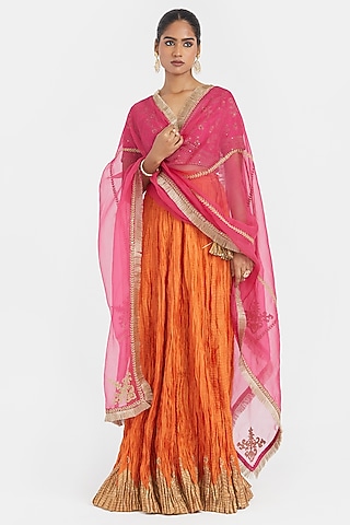 Orange Silk Chanderi Gota Embroidered Lehenga Set by Kora