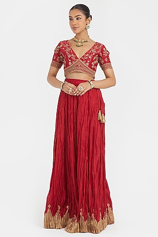Bright Red Silk Chanderi Sequins Embroidered Choli by Kora