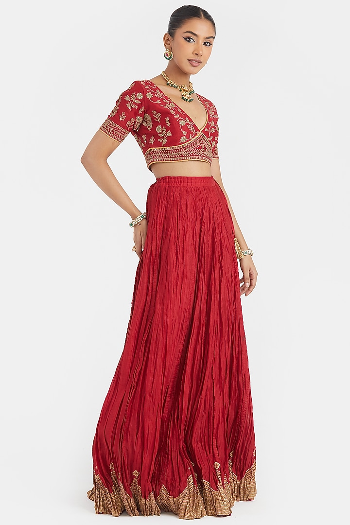Bright Red Silk Chanderi Sequins Embroidered Choli by Kora at Pernia's Pop Up Shop