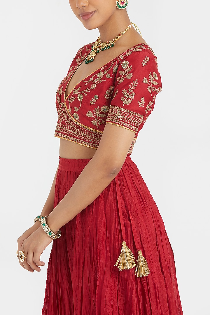 Bright Red Silk Chanderi Sequins Embroidered Choli by Kora at Pernia's Pop Up Shop