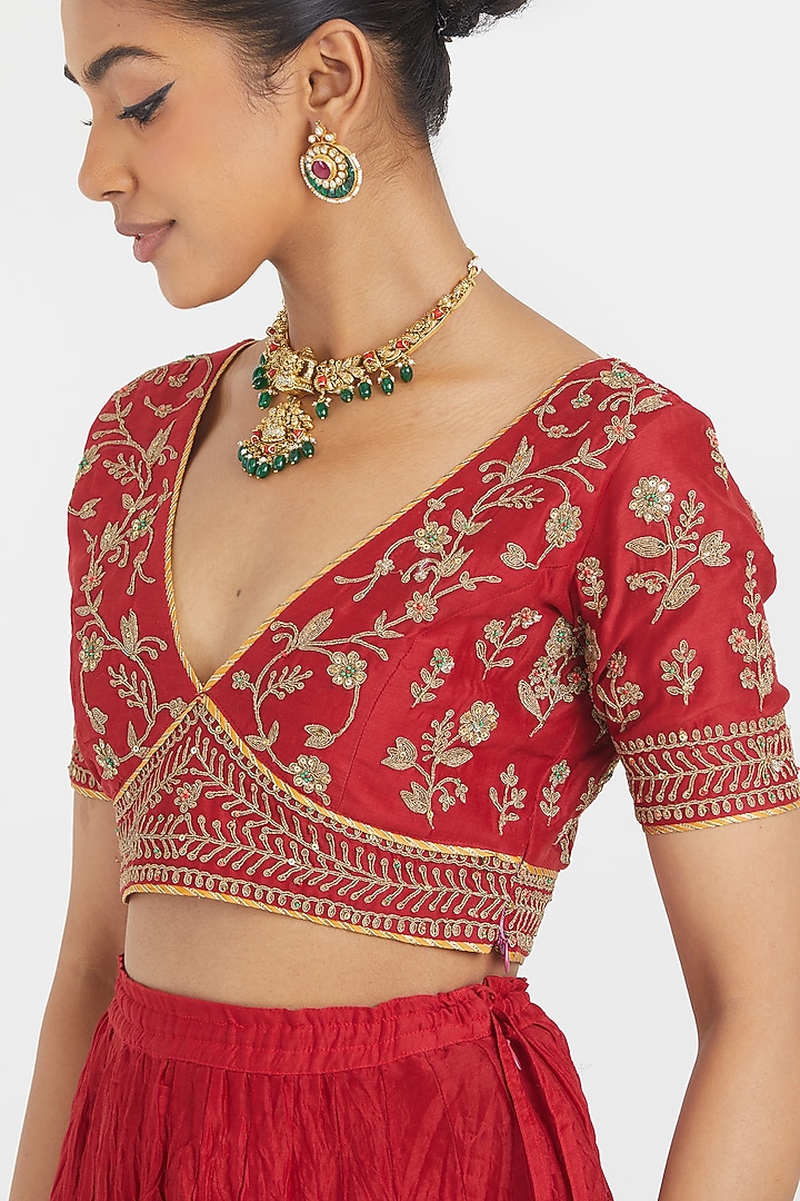 Bright Red Silk Chanderi Sequins Embroidered Choli by Kora at Pernia's Pop Up Shop