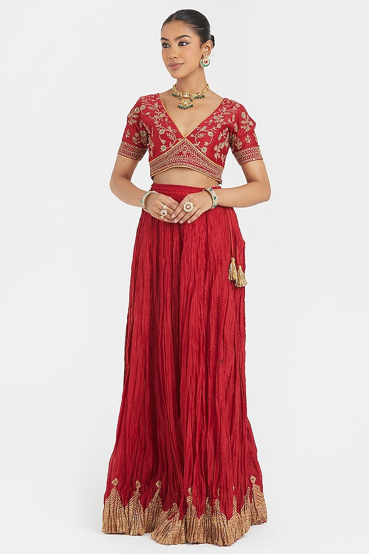 Bright Red Silk Chanderi Gota Embroidered Wedding Lehenga Set by Kora at Pernia's Pop Up Shop