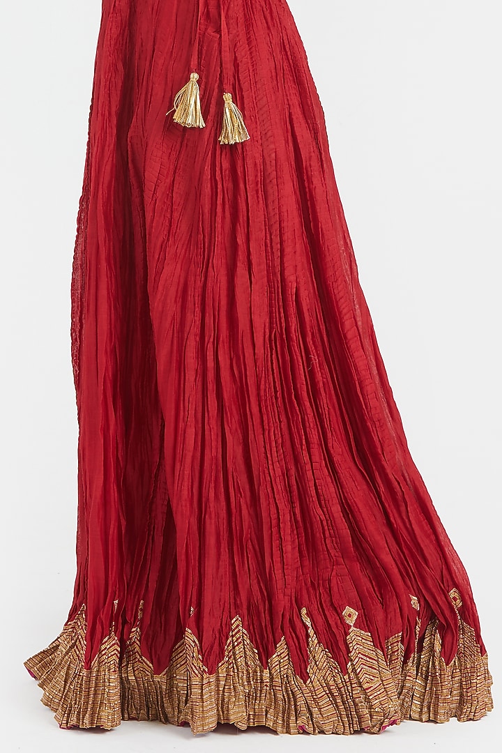 Bright Red Silk Chanderi Gota Embroidered Wedding Lehenga Set by Kora at Pernia's Pop Up Shop