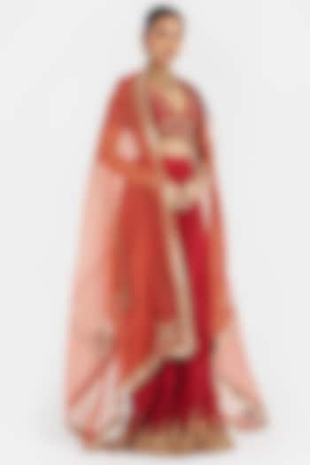 Bright Red Silk Chanderi Gota Embroidered Wedding Lehenga Set by Kora at Pernia's Pop Up Shop