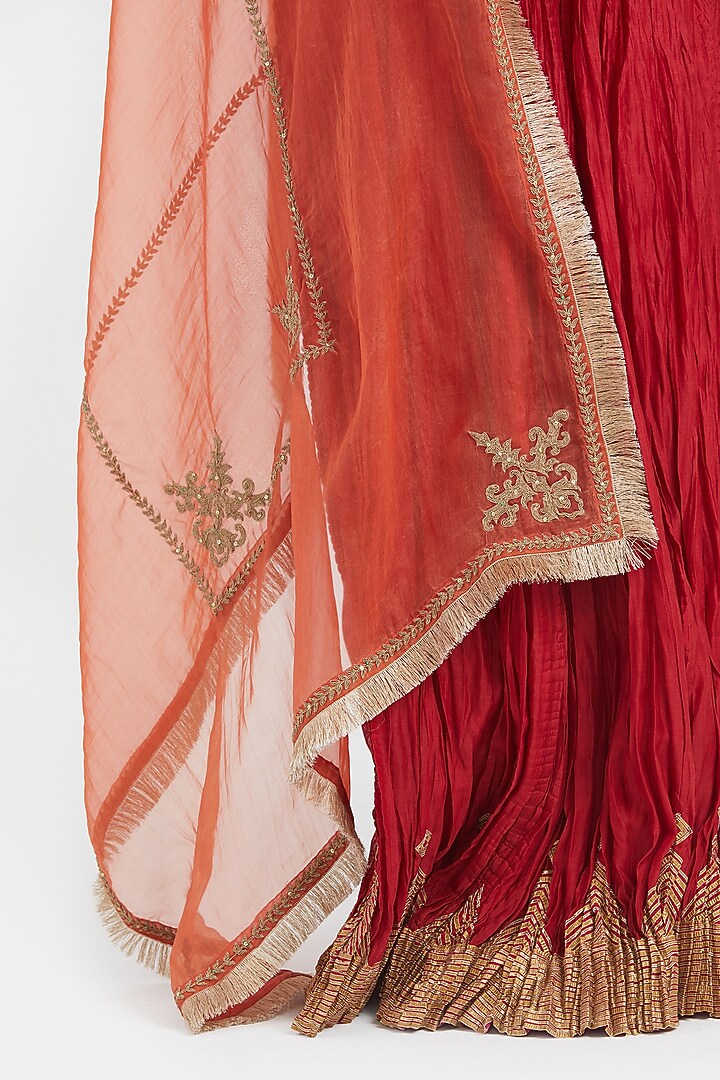 Bright Red Silk Chanderi Gota Embroidered Wedding Lehenga Set by Kora at Pernia's Pop Up Shop