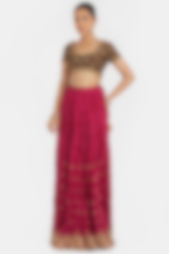 Deep Fuchsia Silk Chanderi Gota Embroidered Wedding Lehenga Set by Kora at Pernia's Pop Up Shop