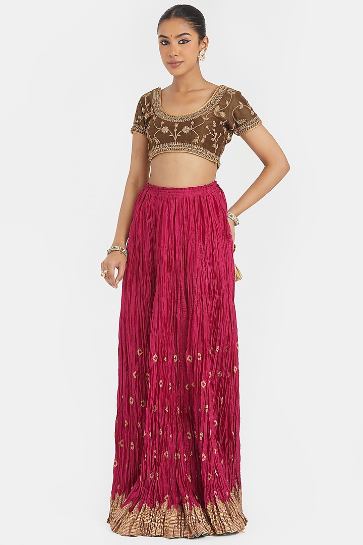 Deep Fuchsia Silk Chanderi Gota Embroidered Wedding Lehenga Set by Kora at Pernia's Pop Up Shop