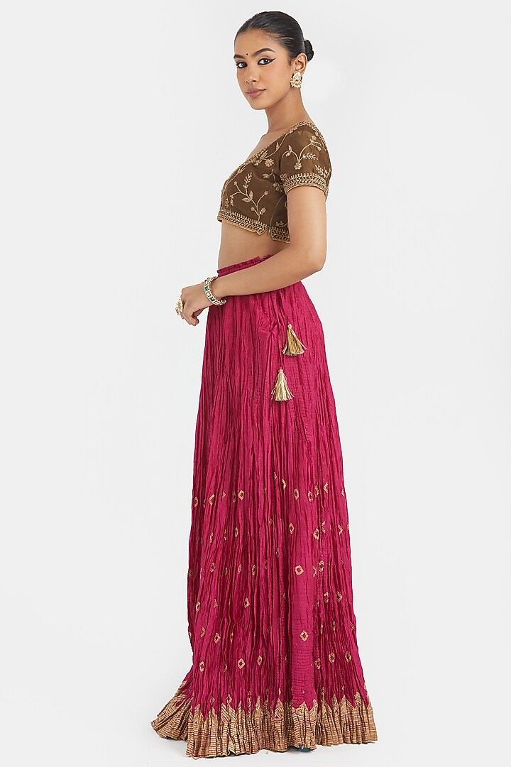 Deep Fuchsia Silk Chanderi Gota Embroidered Wedding Lehenga Set by Kora at Pernia's Pop Up Shop