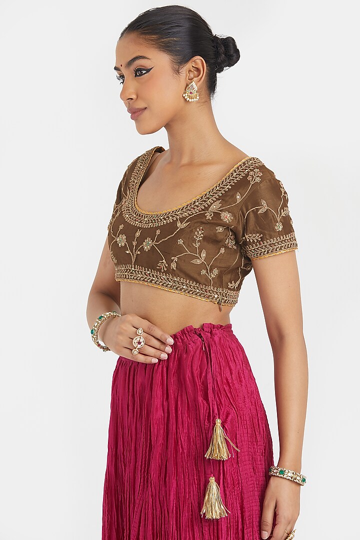 Deep Fuchsia Silk Chanderi Gota Embroidered Wedding Lehenga Set by Kora at Pernia's Pop Up Shop