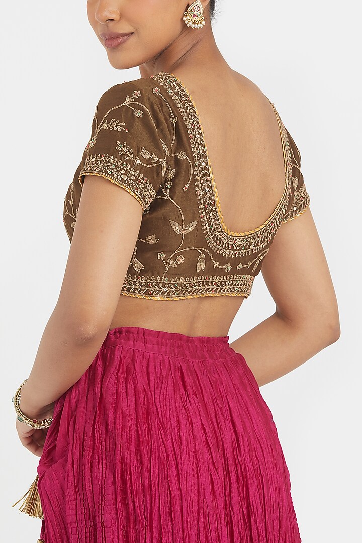 Deep Fuchsia Silk Chanderi Gota Embroidered Wedding Lehenga Set by Kora at Pernia's Pop Up Shop