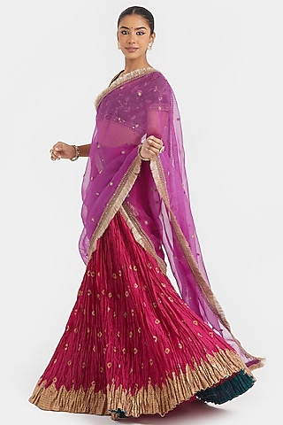 Deep Fuchsia Silk Chanderi Gota Embroidered Lehenga Set by Kora