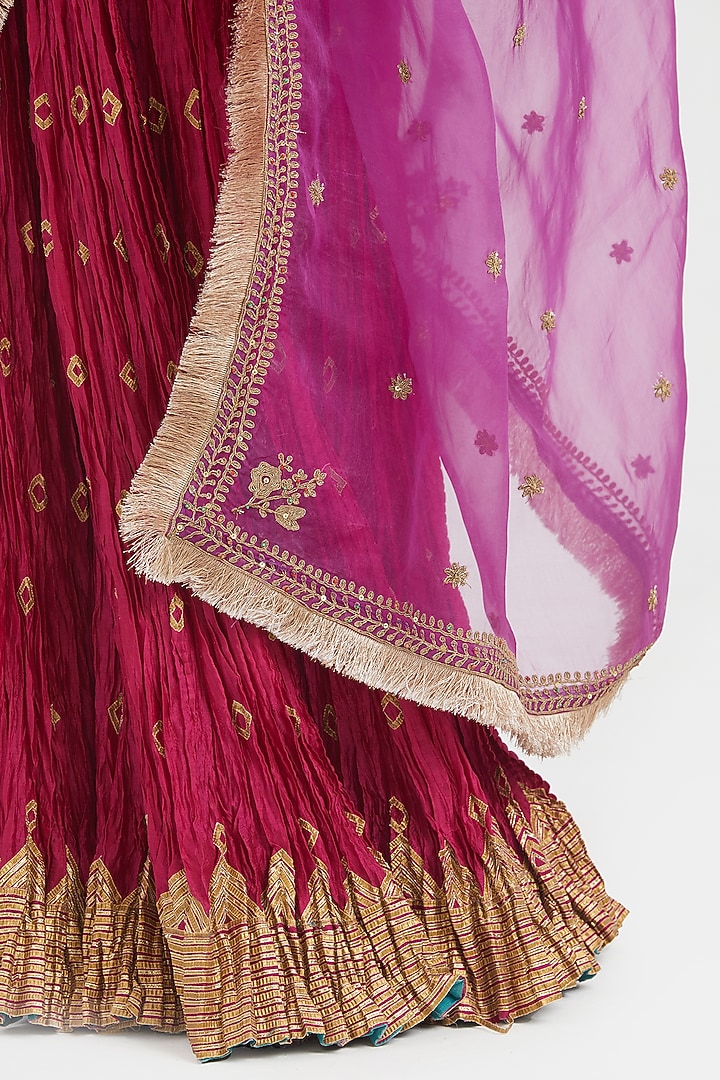 Deep Fuchsia Silk Chanderi Gota Embroidered Wedding Lehenga Set by Kora at Pernia's Pop Up Shop