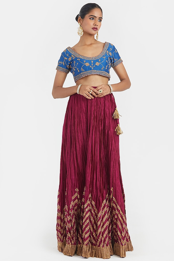 Deep Fuchsia Silk Chanderi Gota Embroidered Wedding Lehenga Set by Kora at Pernia's Pop Up Shop