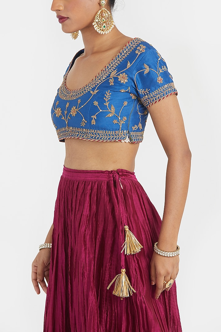 Deep Fuchsia Silk Chanderi Gota Embroidered Wedding Lehenga Set by Kora at Pernia's Pop Up Shop