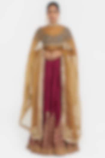 Deep Fuchsia Silk Chanderi Gota Embroidered Wedding Lehenga Set by Kora at Pernia's Pop Up Shop