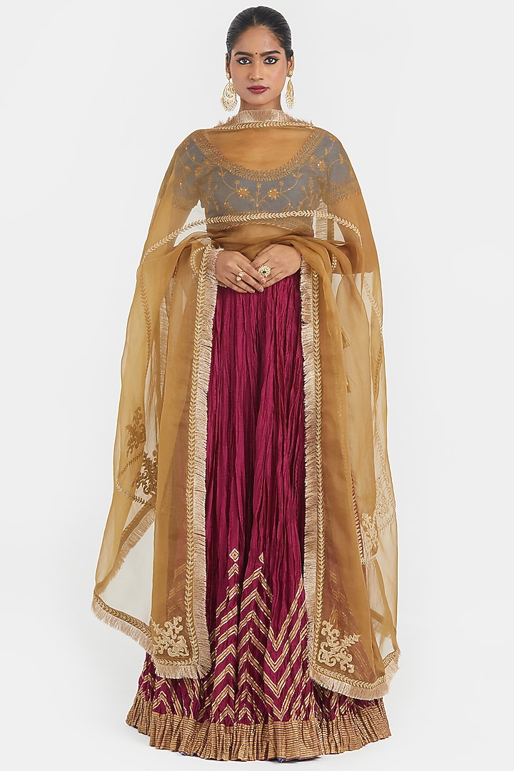 Deep Fuchsia Silk Chanderi Gota Embroidered Wedding Lehenga Set by Kora at Pernia's Pop Up Shop