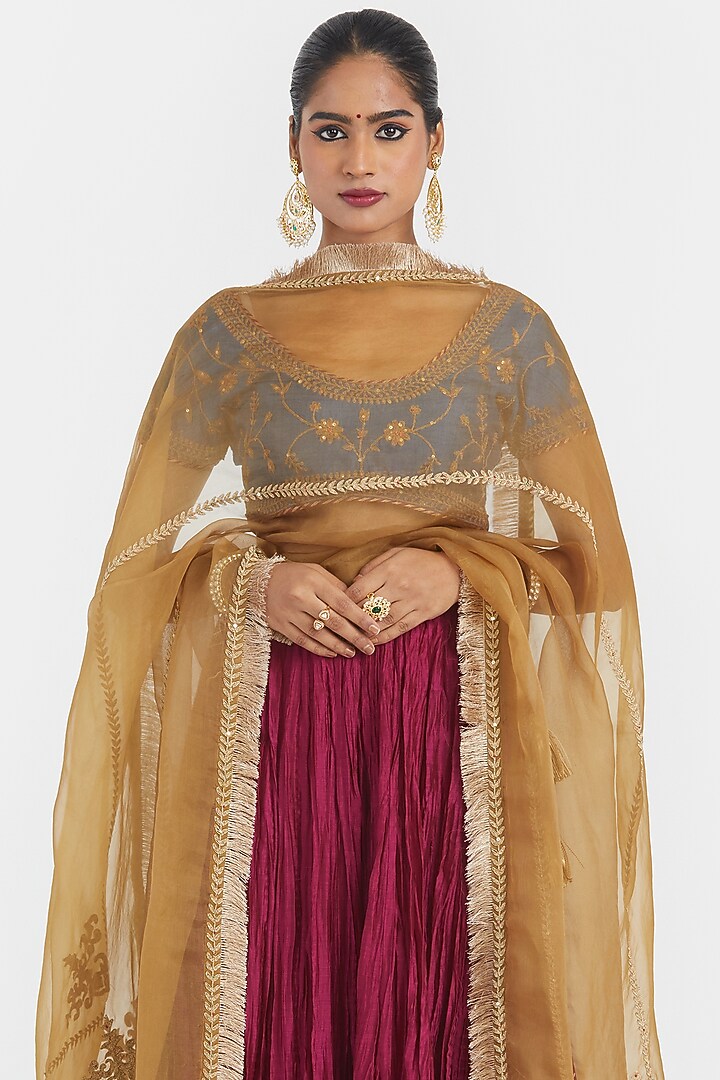 Deep Fuchsia Silk Chanderi Gota Embroidered Wedding Lehenga Set by Kora at Pernia's Pop Up Shop