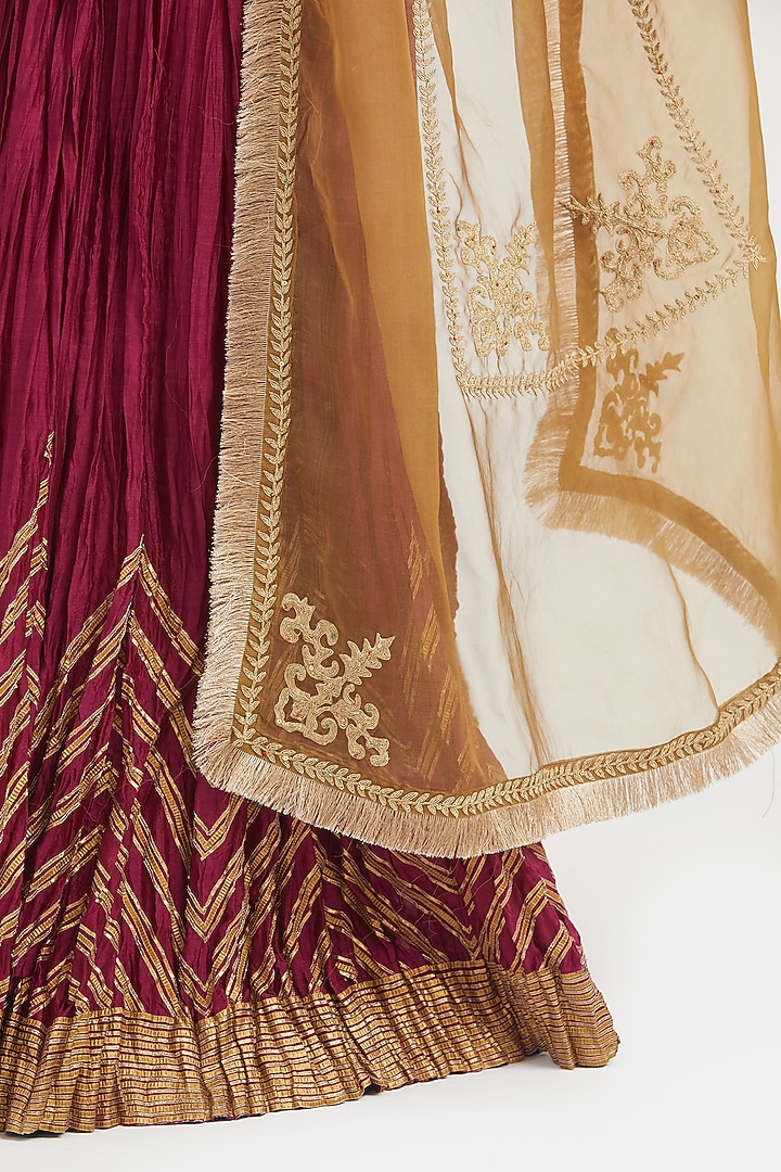 Deep Fuchsia Silk Chanderi Gota Embroidered Wedding Lehenga Set by Kora at Pernia's Pop Up Shop