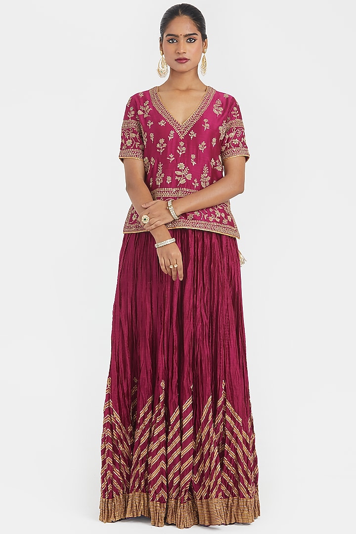 Deep Fuchsia Silk Chanderi Sequins Embroidered Wedding Lehenga Set by Kora at Pernia's Pop Up Shop