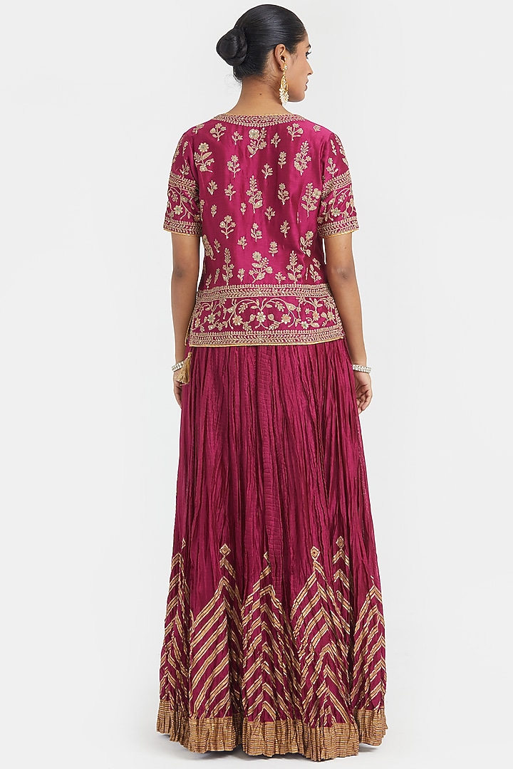 Deep Fuchsia Silk Chanderi Sequins Embroidered Wedding Lehenga Set by Kora at Pernia's Pop Up Shop