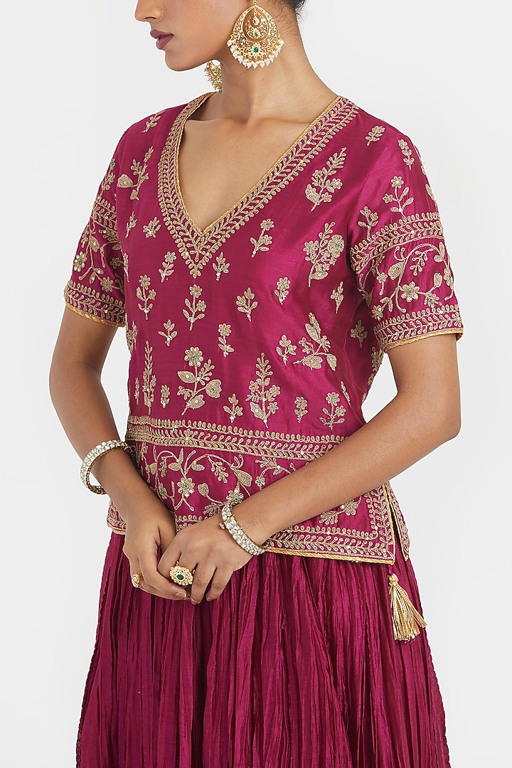 Deep Fuchsia Silk Chanderi Sequins Embroidered Wedding Lehenga Set by Kora at Pernia's Pop Up Shop