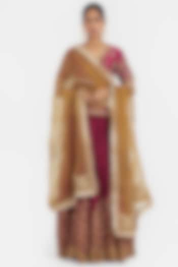 Deep Fuchsia Silk Chanderi Sequins Embroidered Wedding Lehenga Set by Kora at Pernia's Pop Up Shop