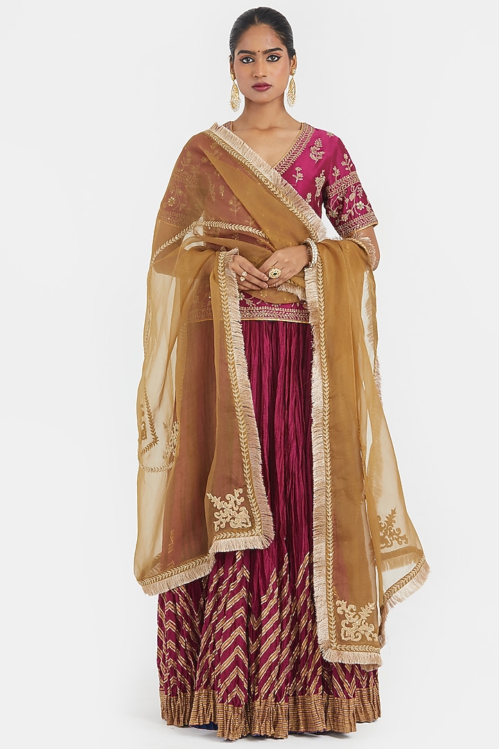 Deep Fuchsia Silk Chanderi Sequins Embroidered Wedding Lehenga Set by Kora at Pernia's Pop Up Shop