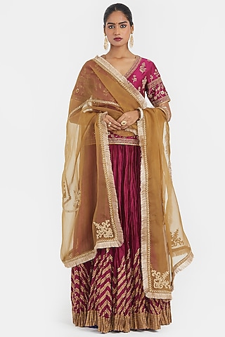 Deep Fuchsia Silk Chanderi Sequins Embroidered Lehenga Set by Kora