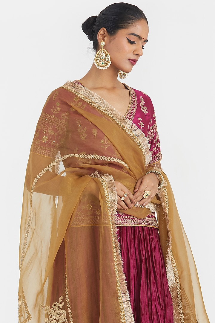 Deep Fuchsia Silk Chanderi Sequins Embroidered Wedding Lehenga Set by Kora at Pernia's Pop Up Shop