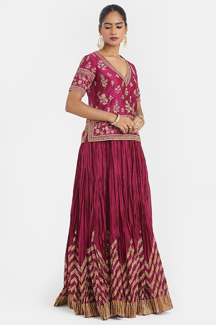 Deep Fuchsia Silk Chanderi Sequins Embroidered Wedding Lehenga Set by Kora at Pernia's Pop Up Shop