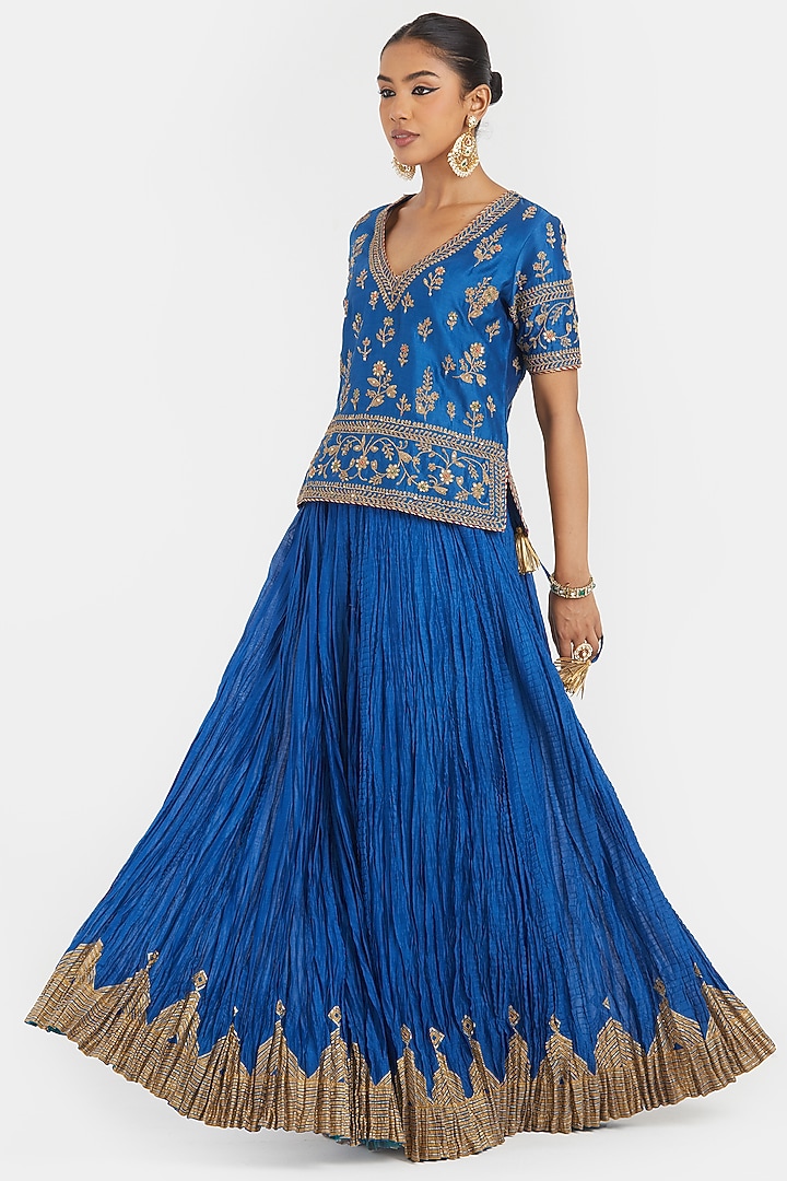 Chelsea Blue Silk Chanderi Gota Embroidered Wedding Lehenga Set by Kora at Pernia's Pop Up Shop