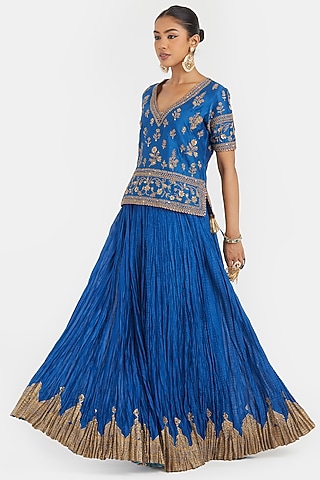 Chelsea Blue Silk Chanderi Gota Embroidered Lehenga Set by Kora