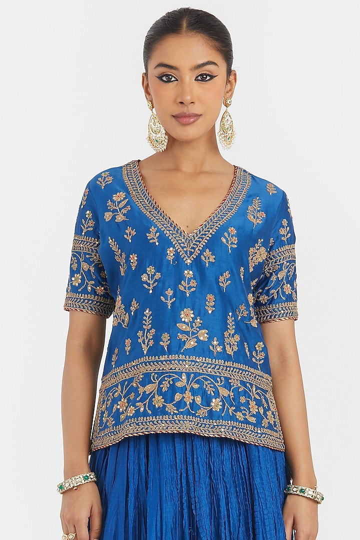 Chelsea Blue Silk Chanderi Gota Embroidered Wedding Lehenga Set by Kora at Pernia's Pop Up Shop