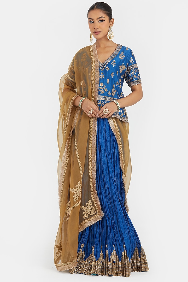 Chelsea Blue Silk Chanderi Gota Embroidered Wedding Lehenga Set by Kora at Pernia's Pop Up Shop