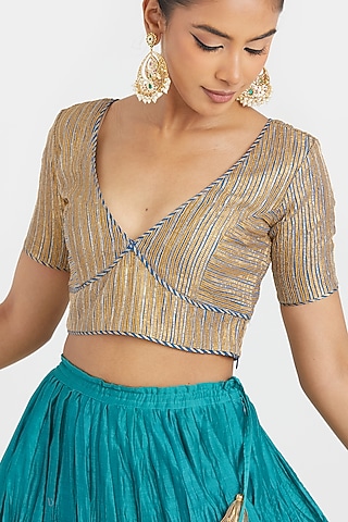 Blue Silk Chanderi Gota Work Choli by Kora
