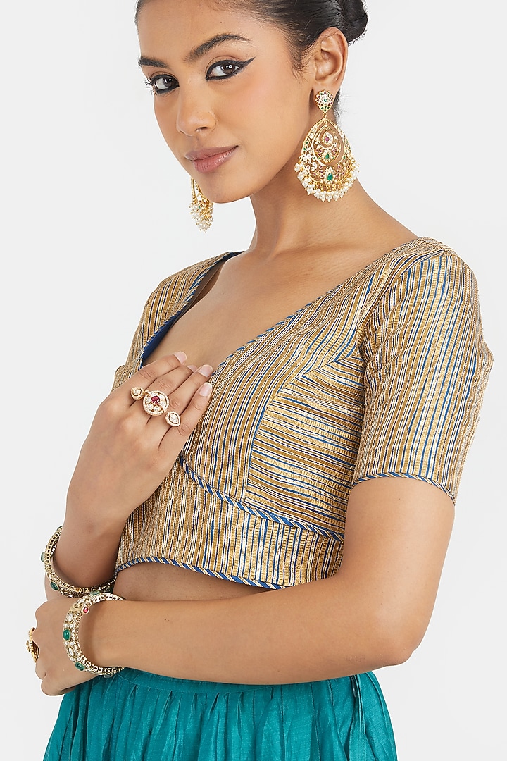 Blue Silk Chanderi Gota Work Choli by Kora at Pernia's Pop Up Shop