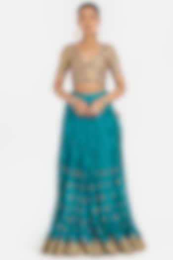 Blue Silk Chanderi Gota Embroidered Wedding Lehenga Set by Kora at Pernia's Pop Up Shop