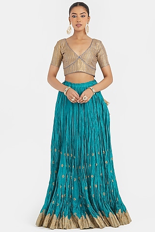 Blue Silk Chanderi Gota Embroidered Lehenga Set by Kora