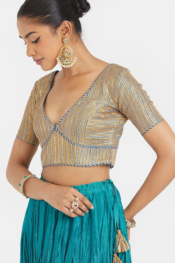 Blue Silk Chanderi Gota Embroidered Wedding Lehenga Set by Kora at Pernia's Pop Up Shop
