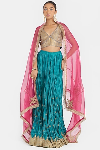 Blue Silk Chanderi Gota Embroidered Lehenga Set by Kora