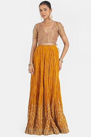 Yellow Silk Chanderi Gota Embroidered Lehenga Set by Kora