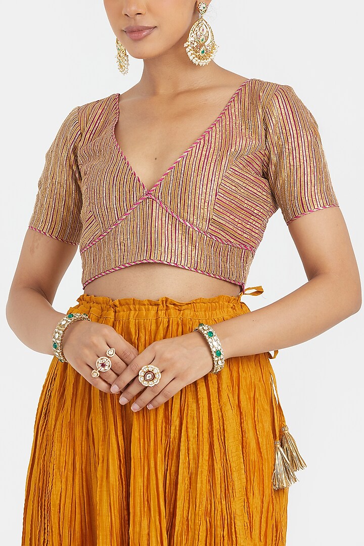 Yellow Silk Chanderi Gota Embroidered Wedding Lehenga Set by Kora at Pernia's Pop Up Shop