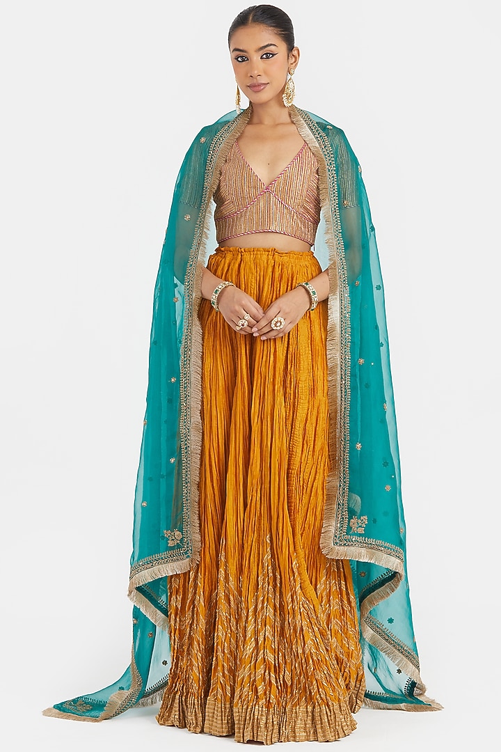 Yellow Silk Chanderi Gota Embroidered Wedding Lehenga Set by Kora at Pernia's Pop Up Shop