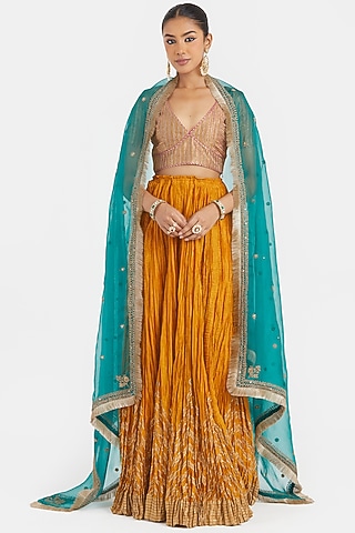 Yellow Silk Chanderi Gota Embroidered Lehenga Set by Kora