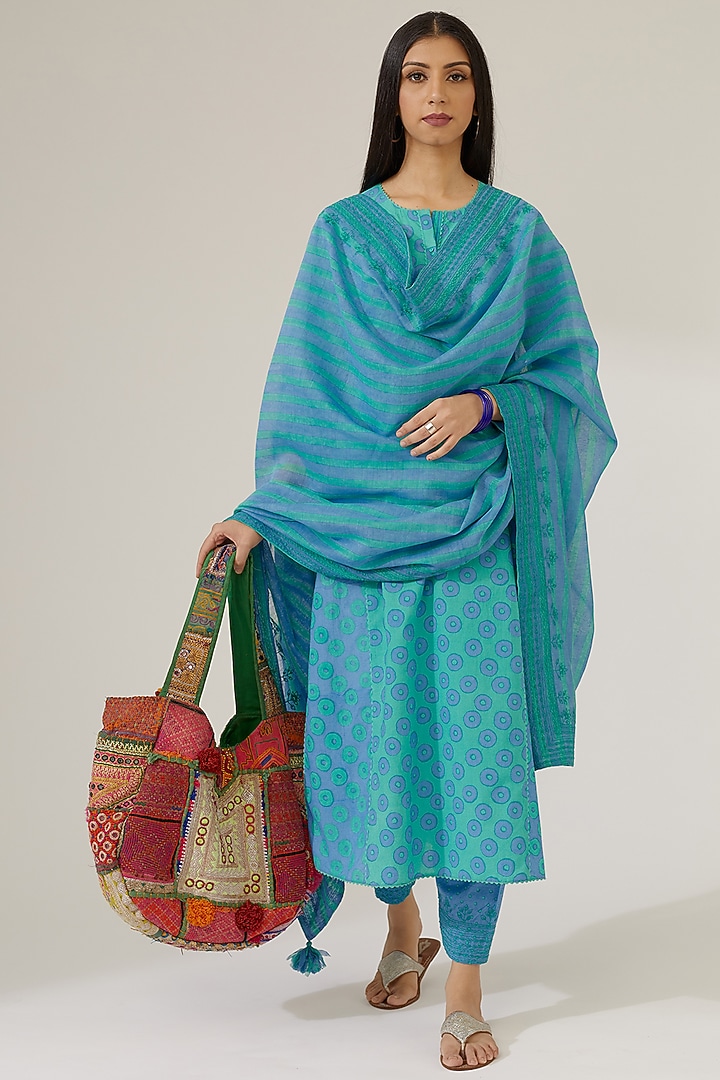 Green & Blue Printed Kurta Set by Kora at Pernia's Pop Up Shop