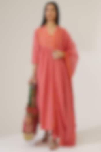 Rose Pink Block Printed Flared Kurta Set by Kora at Pernia's Pop Up Shop